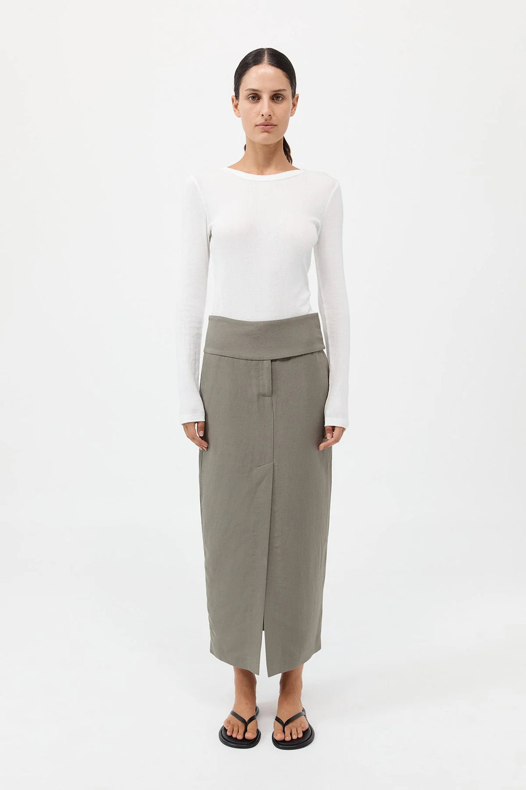 WIDE WAISTBAND COLUMN SKIRT SMOKEY OLIVE