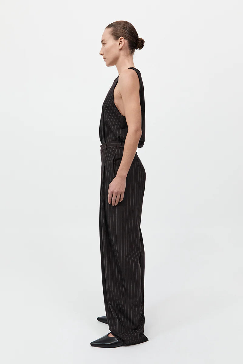 WOOL PINSTRIPE TAPERED PANTS MAHOGANY STRIPE
