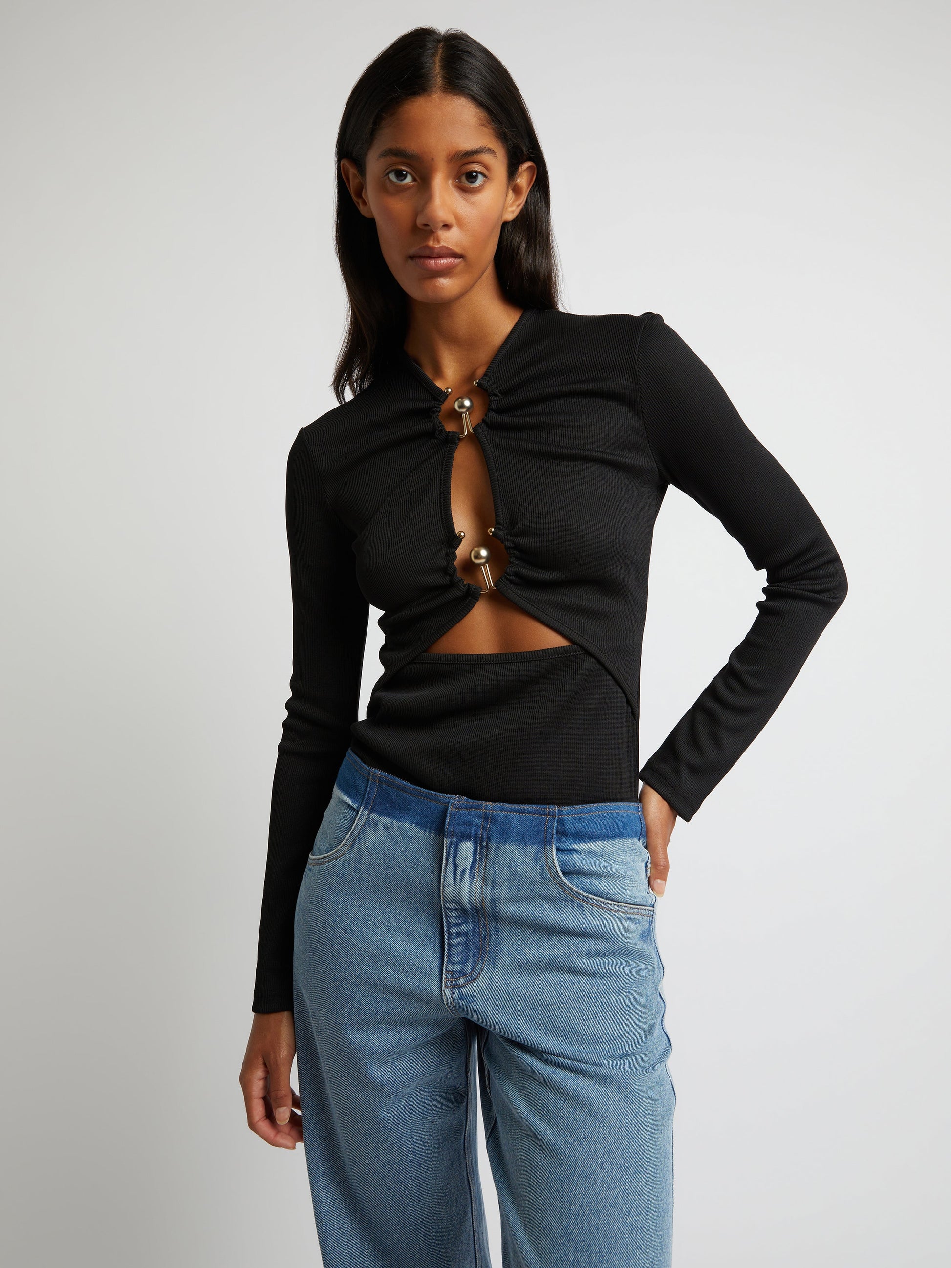 ORBIT RUCHED LONG SLEEVE TOP BLACK
