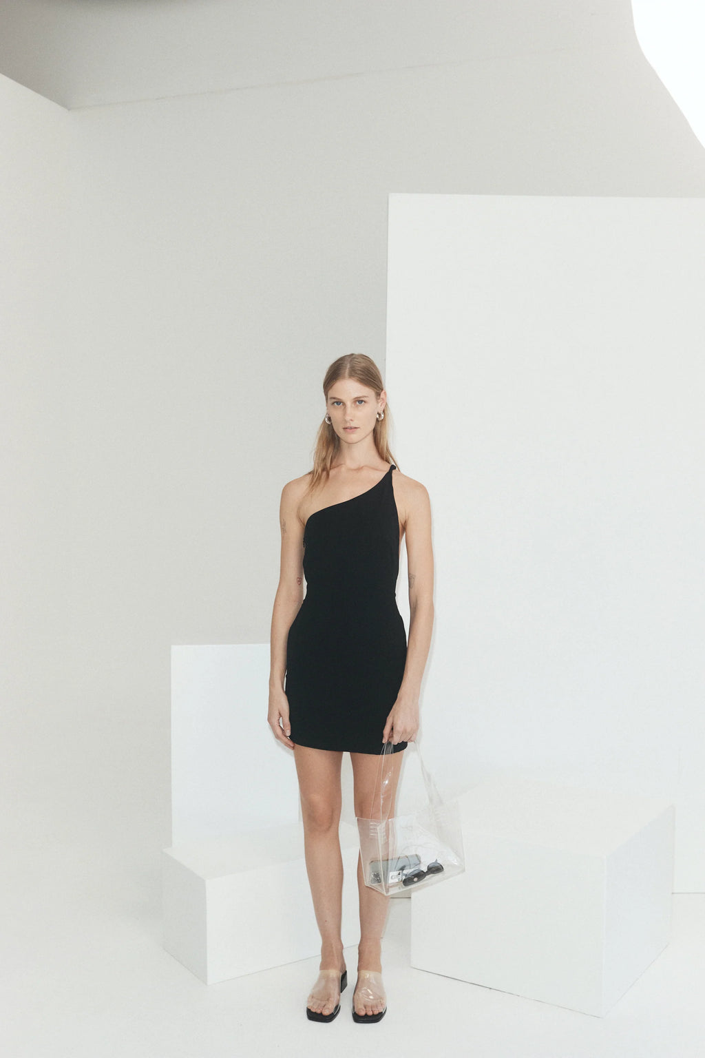 LEME ASYMMETRIC MINI DRESS BLACK