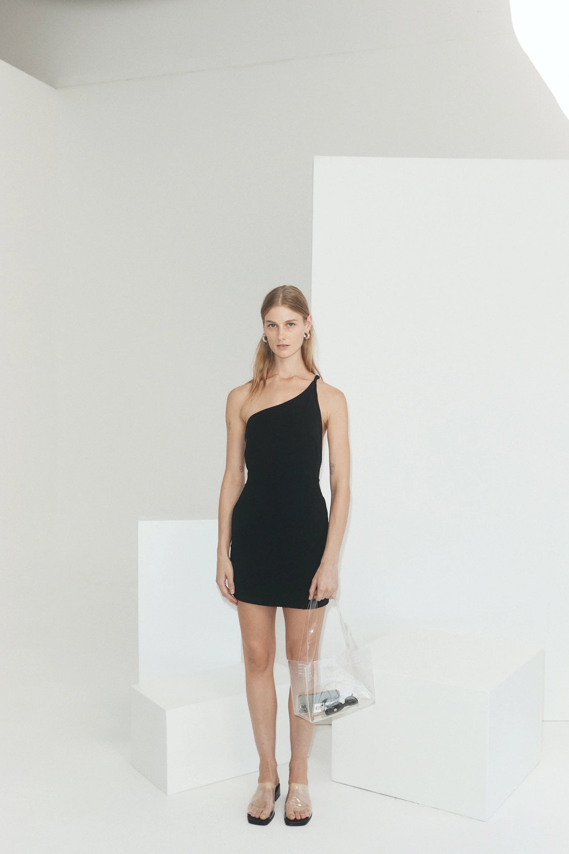 LEME ASYMMETRIC MINI DRESS BLACK