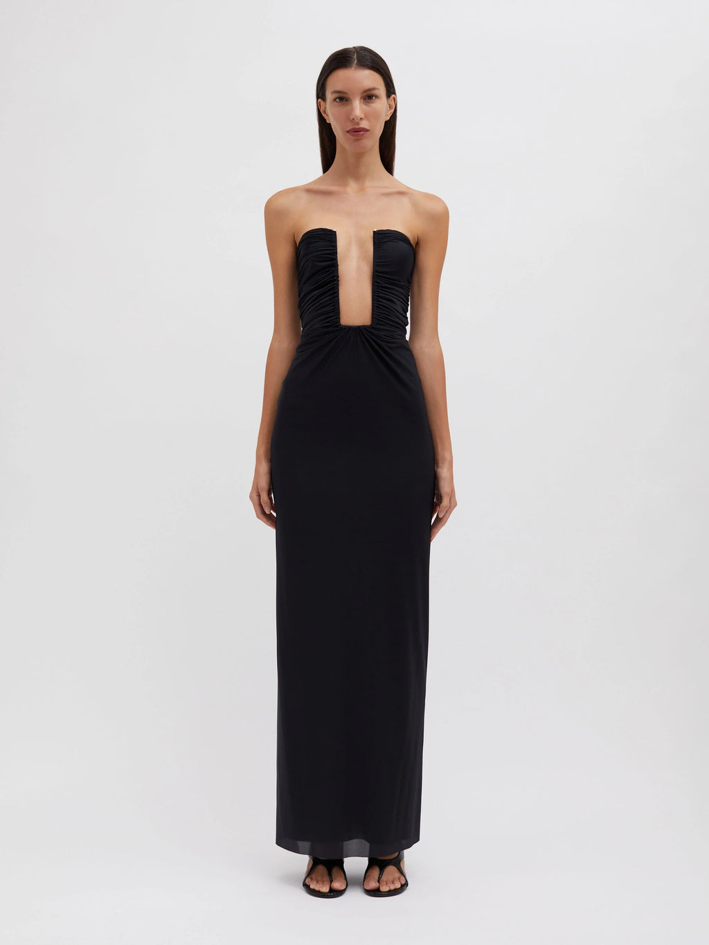PLUNGE STRAPLESS COLUMN DRESS BLACK