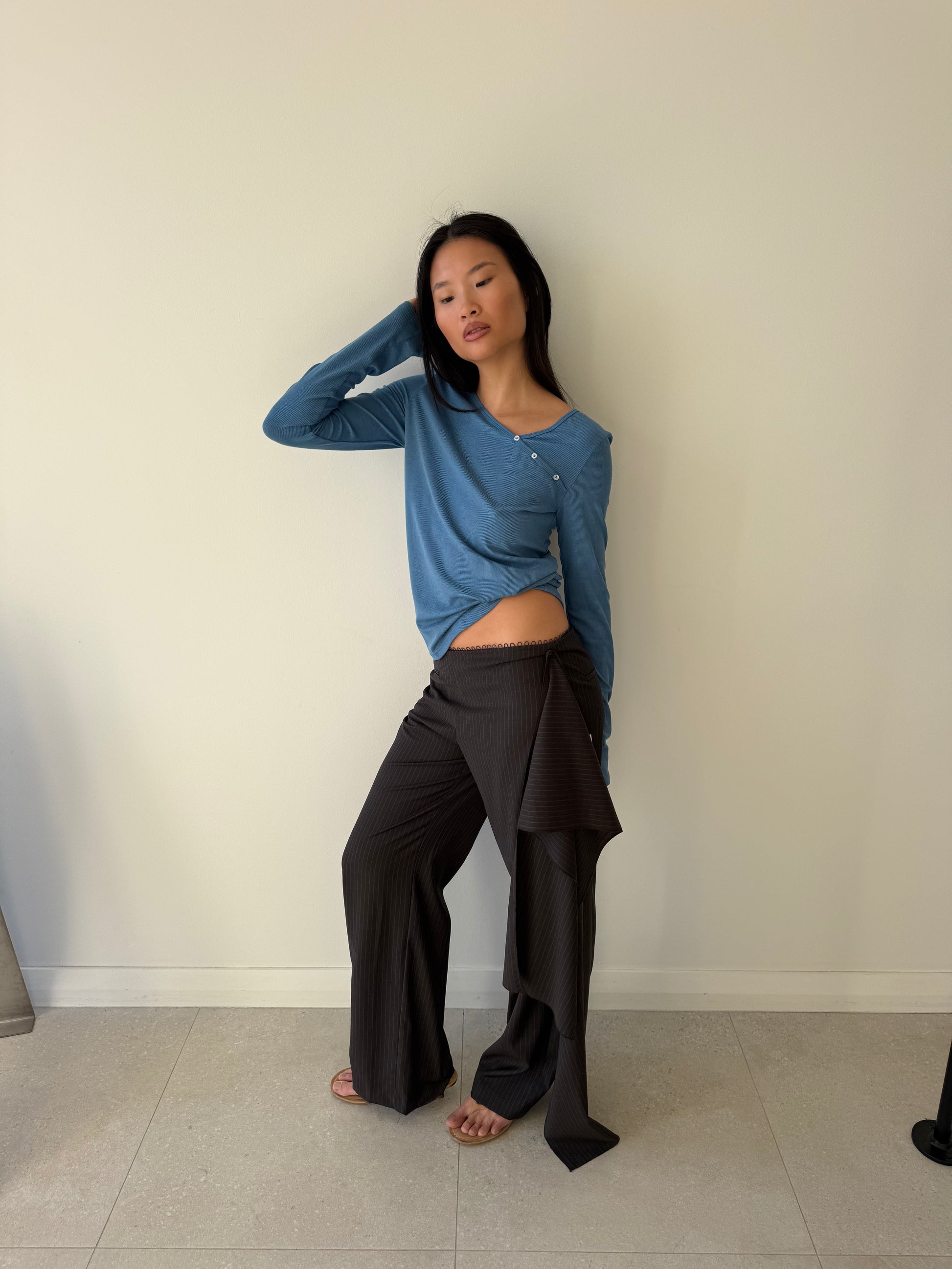 PURE WOOL ZIP PANT CHARCOAL STRIPE