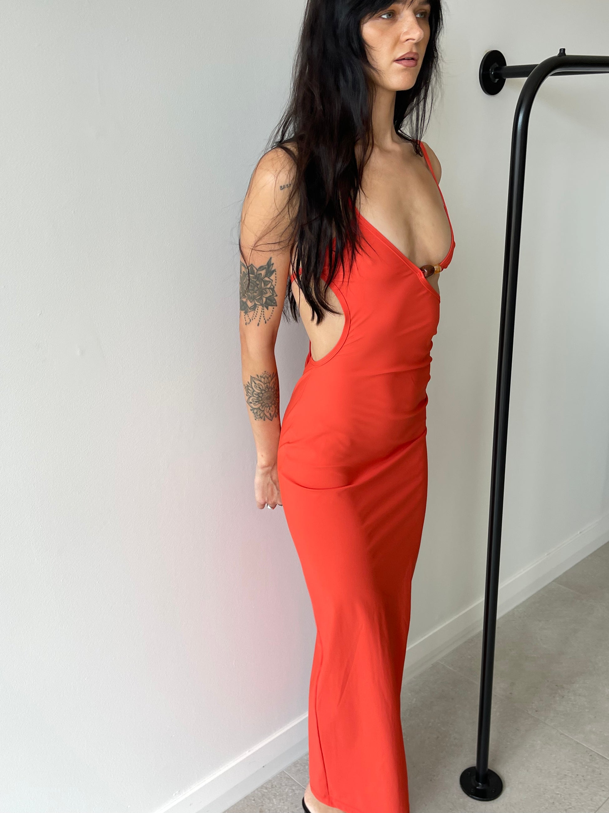 CRYSTAL CUTAWAY LYCRA DRESS RED