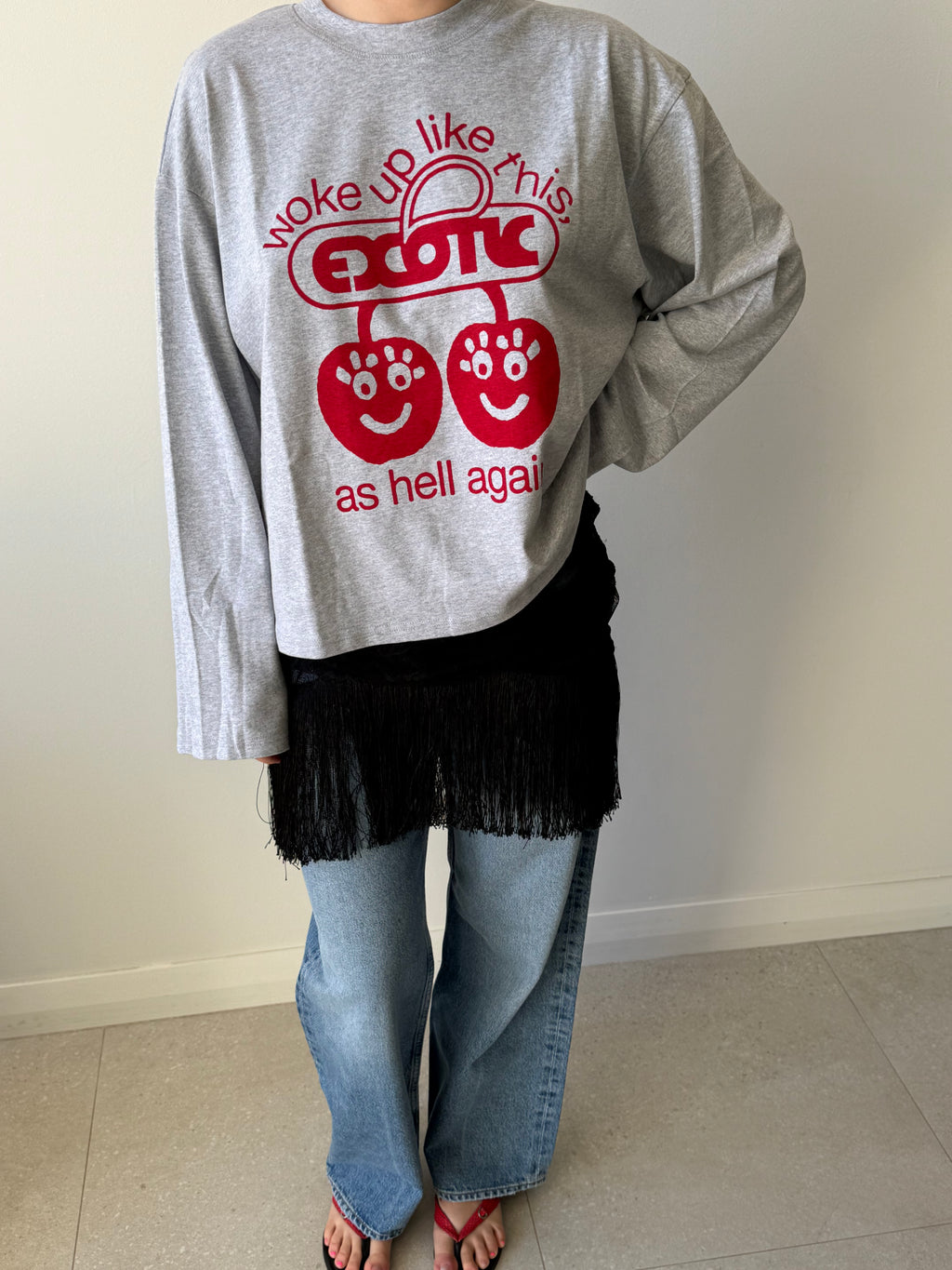 WOKE UP LIKE THIS LONG SLEEVE T-SHIRT GREY/RED