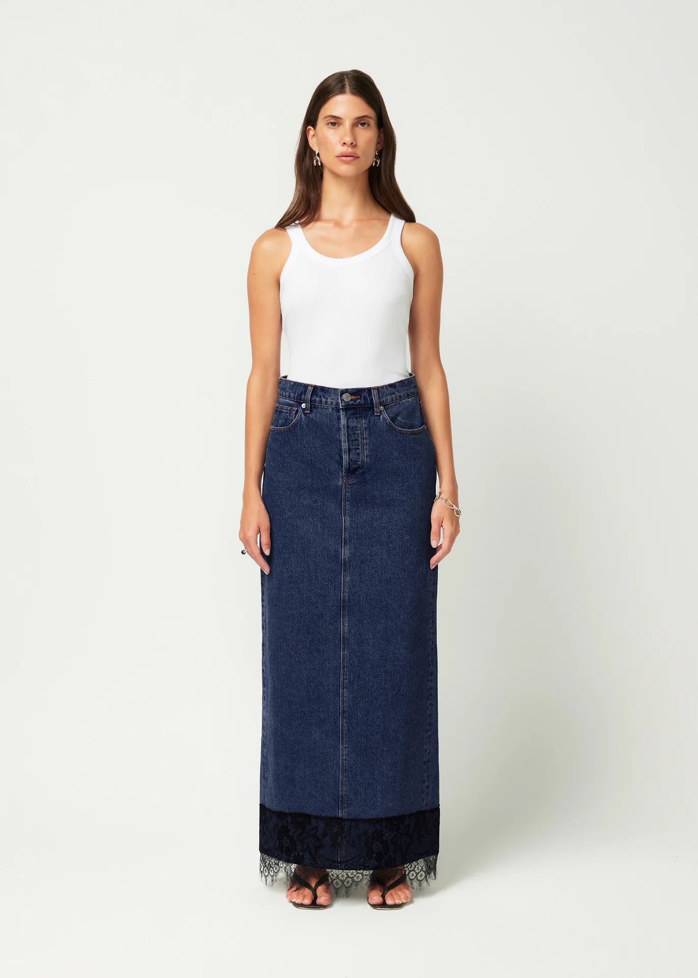 LACE DENIM MAXI SKIRT CLASSIC BLUE