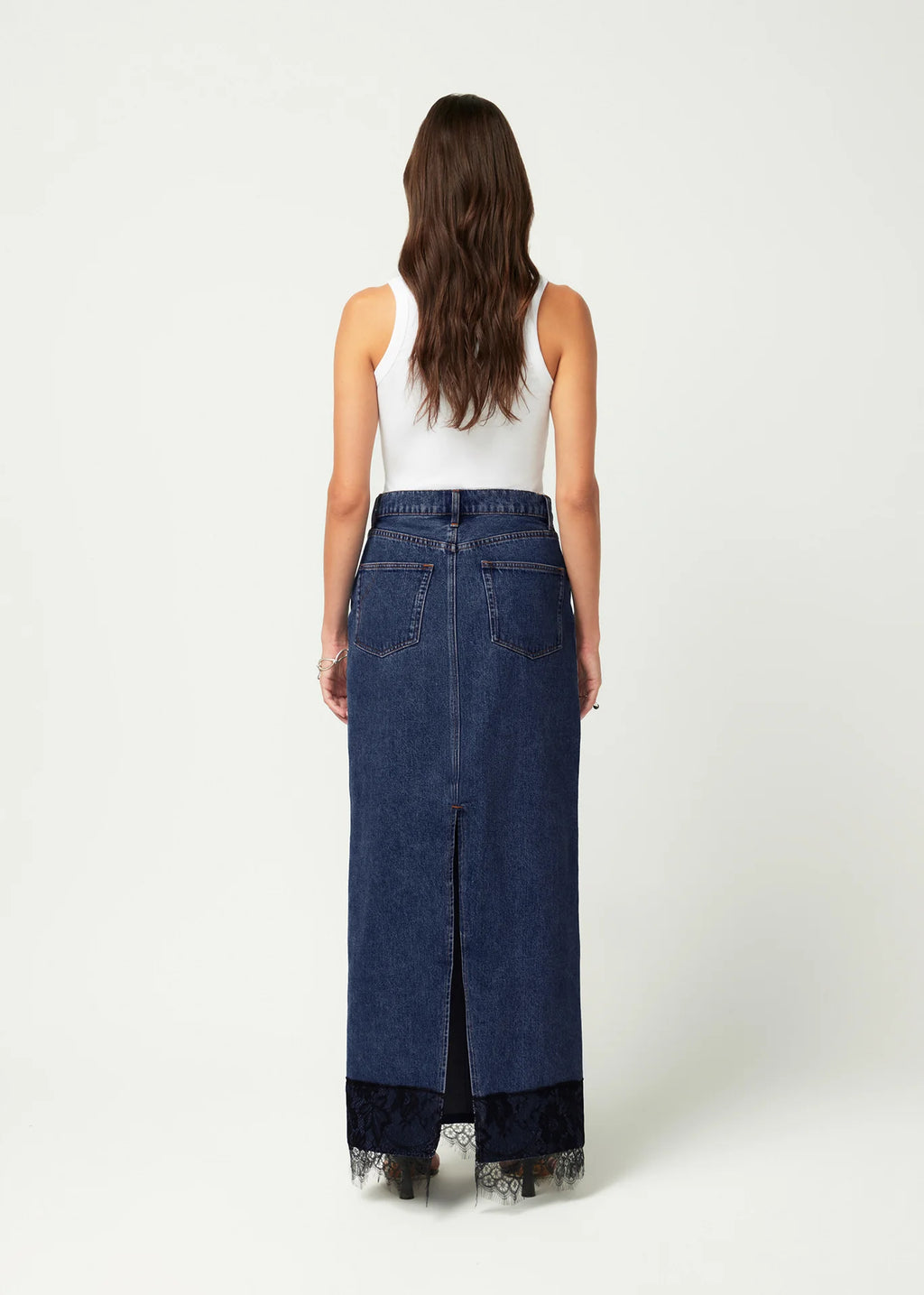LACE DENIM MAXI SKIRT CLASSIC BLUE