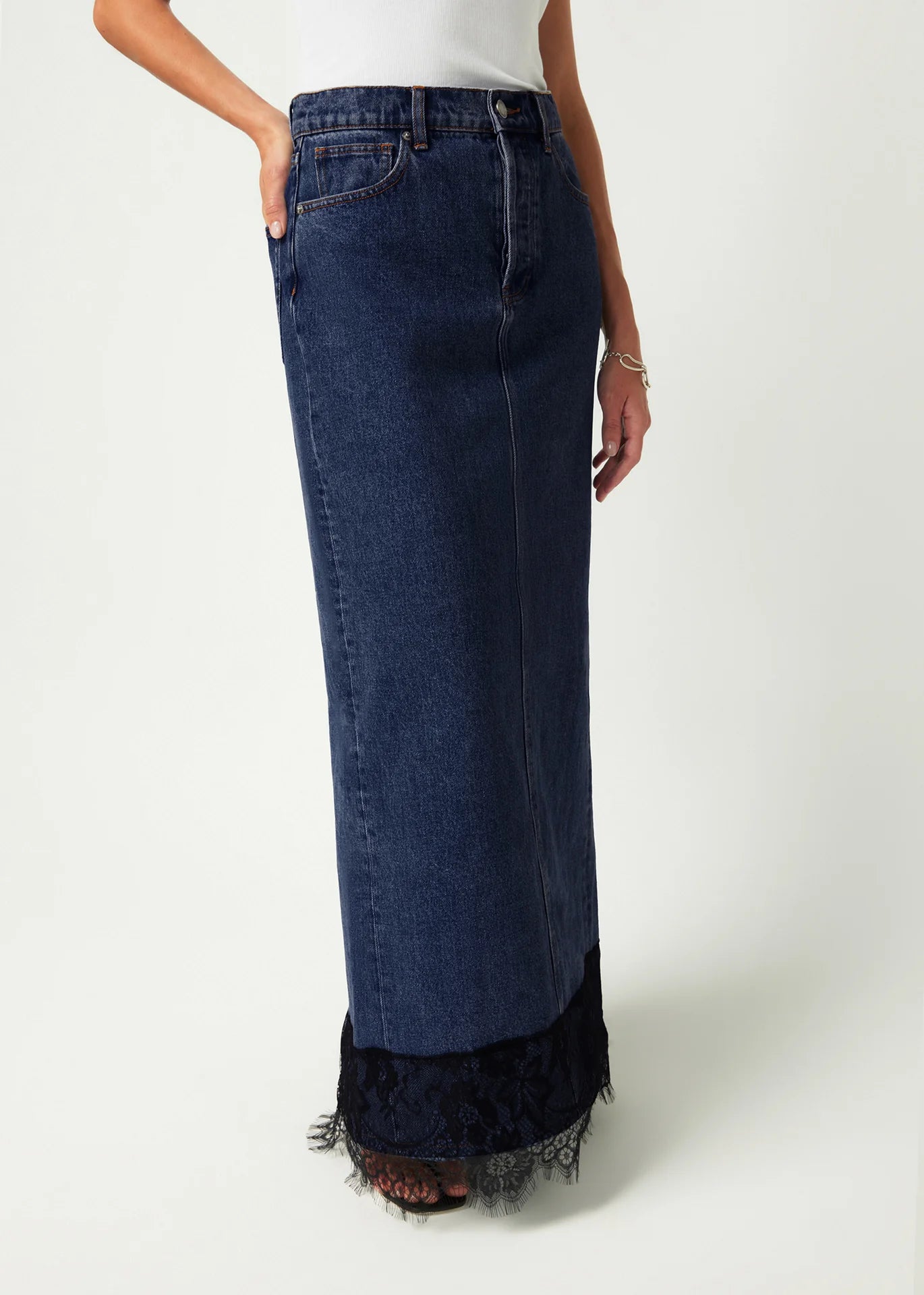 LACE DENIM MAXI SKIRT CLASSIC BLUE